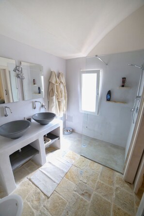 Shower, hair dryer, bidet, towels