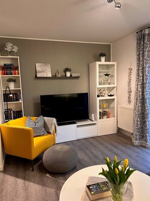 Fernseher, DVD-Player, Bücher, Stereoanlage