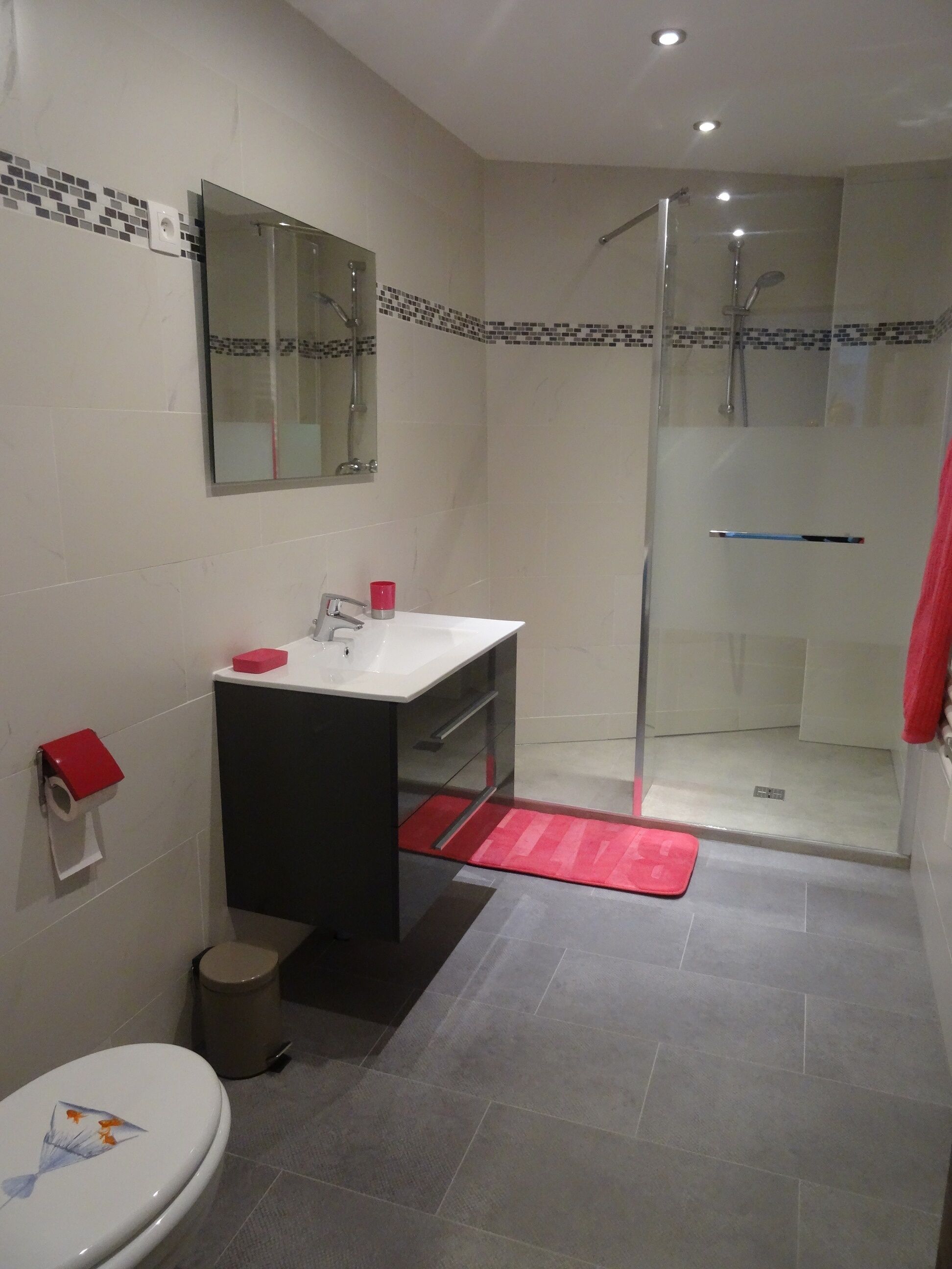 Een badkamer met toilet, wastafel, spiegel, douche en een rode mat.