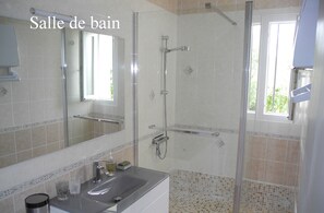 Shower, hair dryer, towels