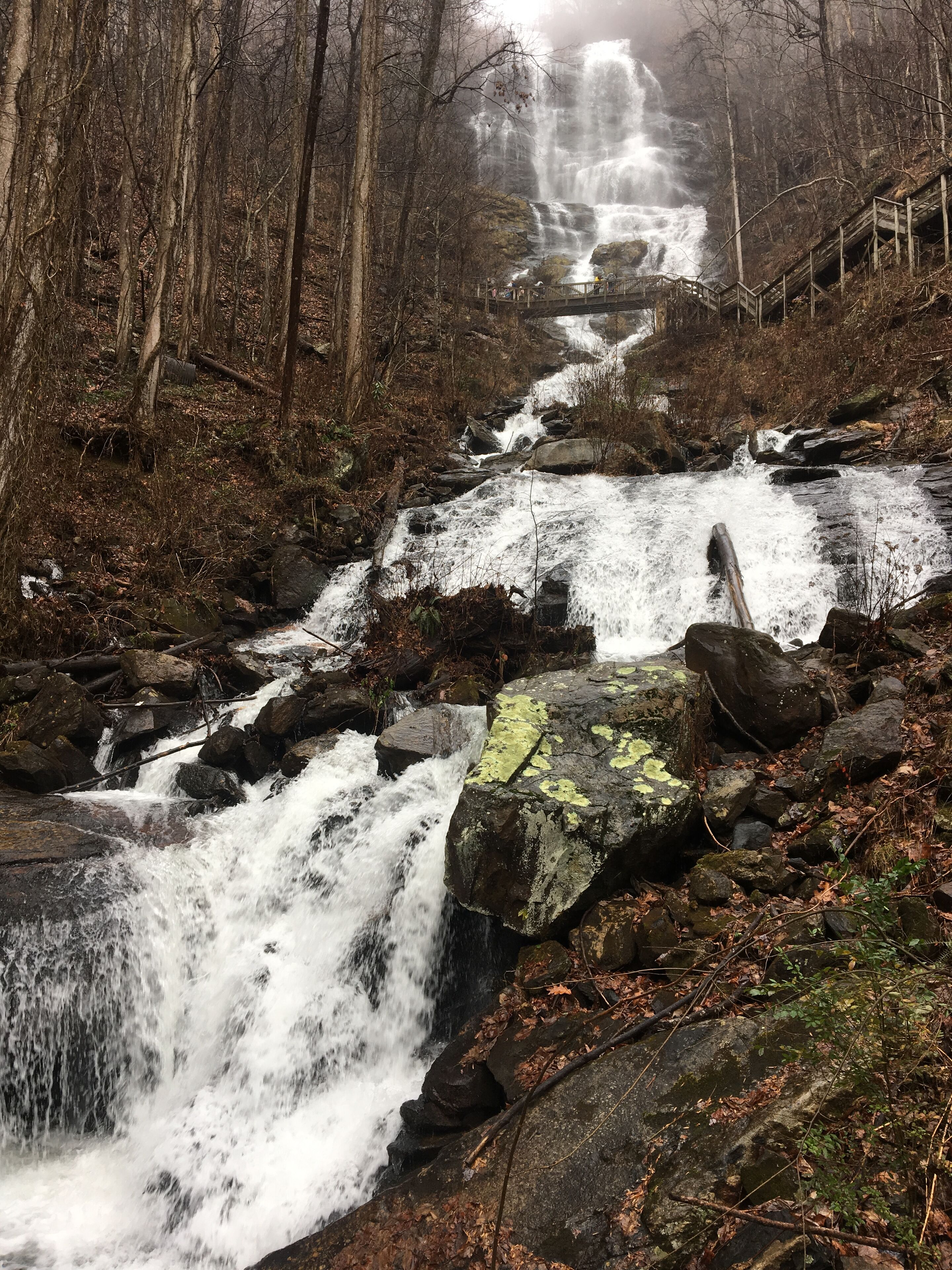 Una cascada que se precipita sobre rocas en un área boscosa con un puente de madera.