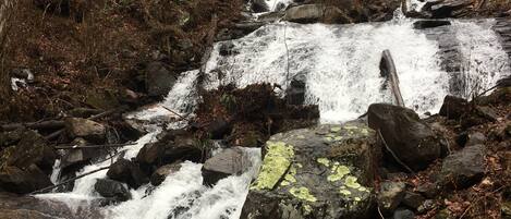 Una cascada que se precipita sobre rocas en un área boscosa con un puente de madera.