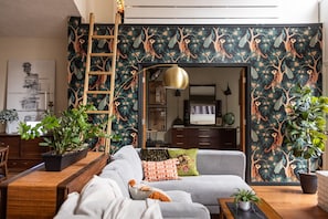 Smart TV, chimenea, libros