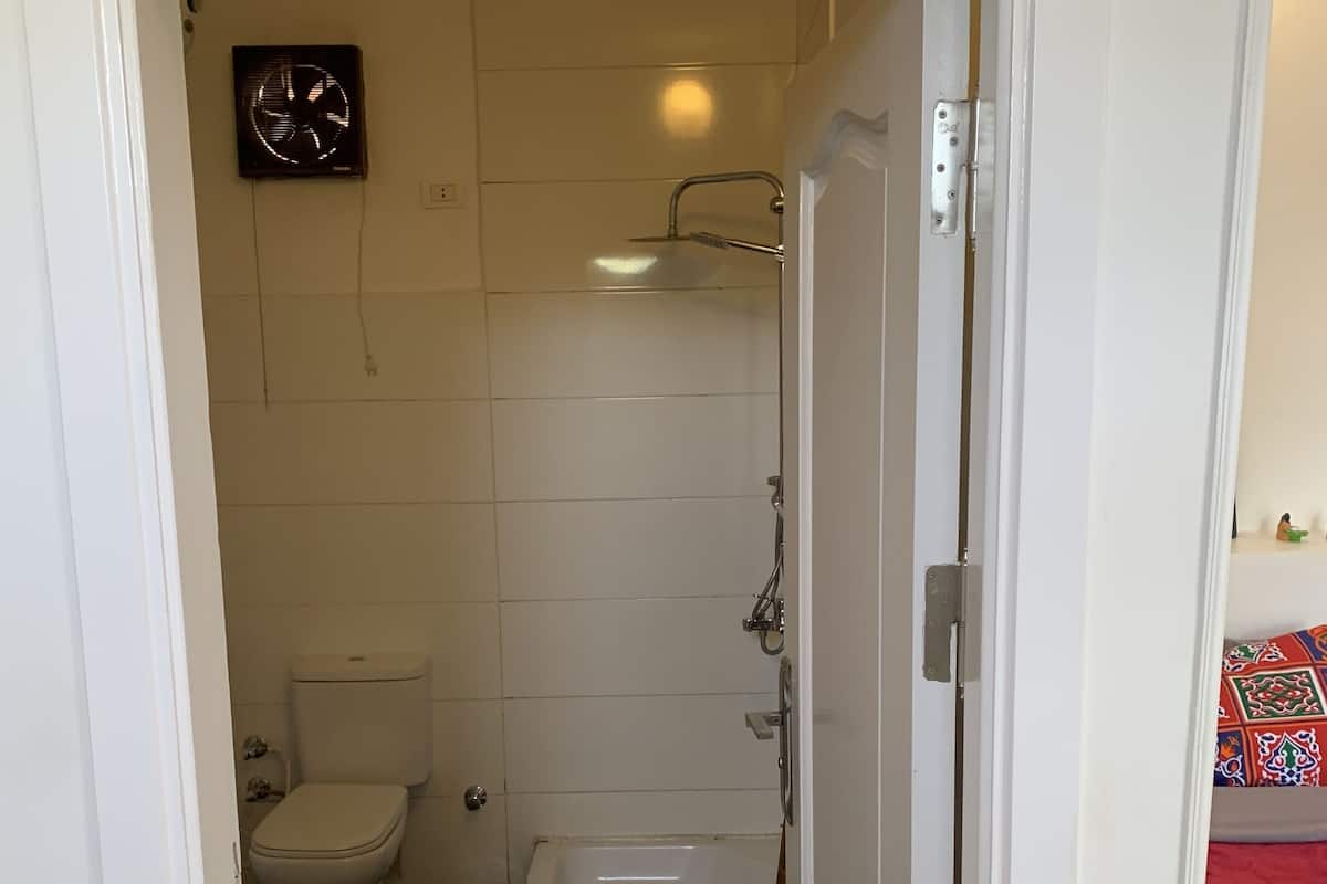 Combined shower/tub, hair dryer, towels, soap