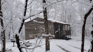 A wooden cabin surrounded by snow-covered trees.