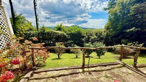 Une terrasse avec un sol en pierre et des chaises rouges, donnant sur un jardin luxuriant où poussent différentes plantes et arbres.
