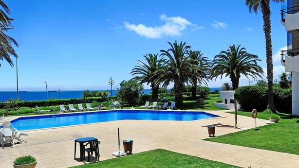 Una piscina con sillones de descanso, palmeras y vista al océano.