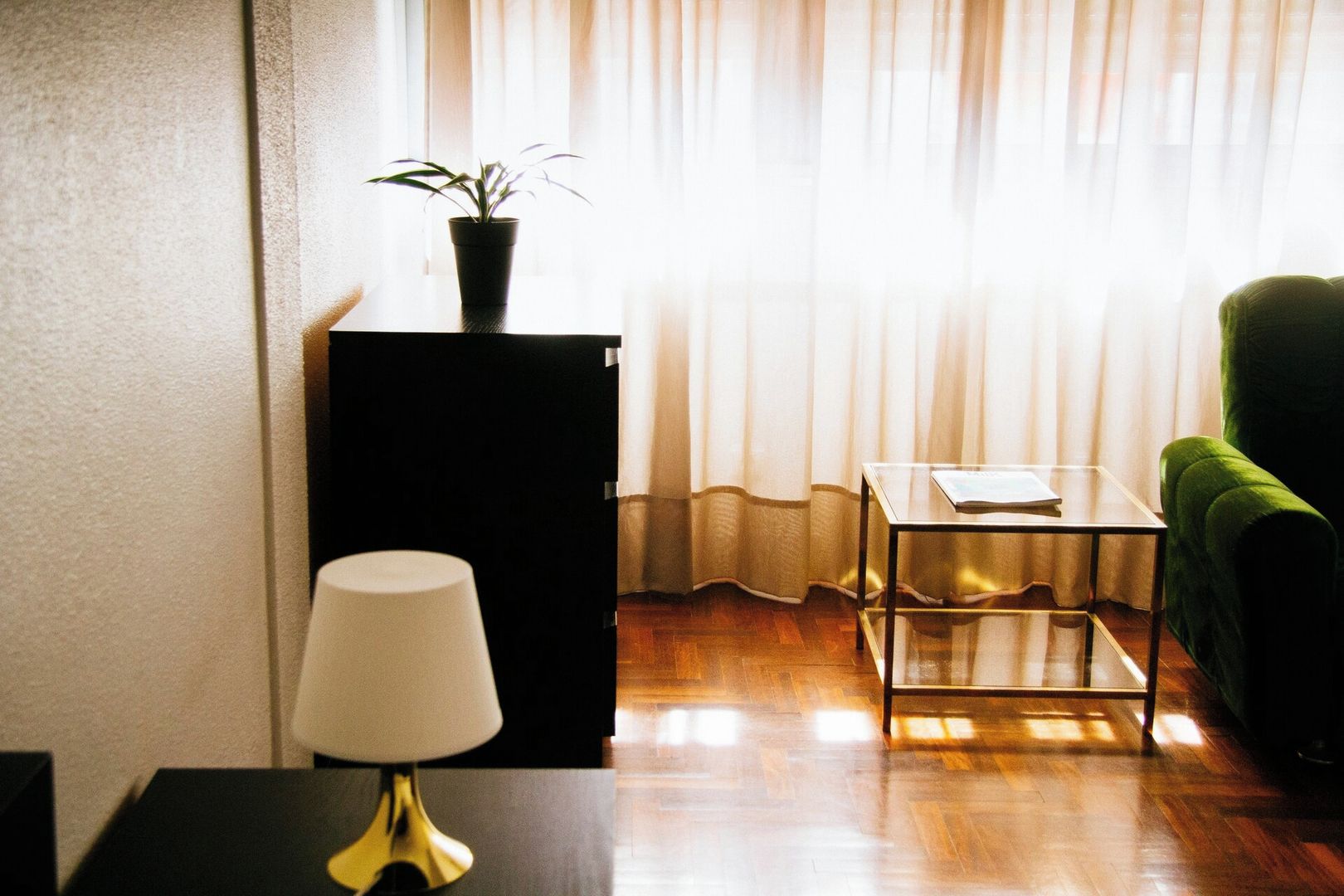 Une pièce avec un plancher en bois, un meuble noir orné d’une plante, un fauteuil vert, une table en verre avec un livre, et une lampe avec un pied doré.