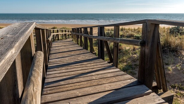 A wooden boardwalk leading to a beach with a clear view of the ocean.