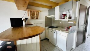Uma cozinha compacta com bancada de madeira, pia, lava-louças e geladeira.