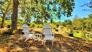 Dos sillas Adirondack blancas bajo un árbol en un jardín.