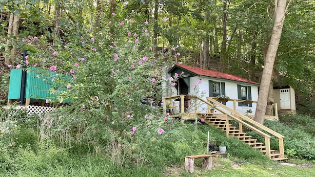 A rustic cabin with a wooden staircase leading to a porch, surrounded by lush greenery and pink flowers. - ❤️ Secluded 1940s Romantic Tiny House on the River (Shepherdstown)