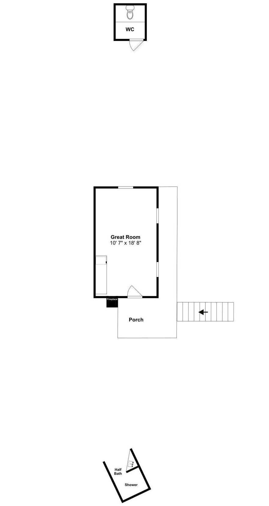 Grundriss mit WC, Wohnzimmer, Kamin, Veranda und Dusche.