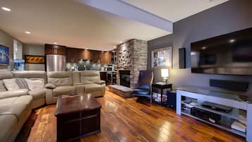 TV connectée, cheminée, livres, chaßne hi-fi