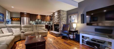 Smart TV, fireplace, books, stereo