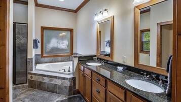 Bathtub, jetted bath, hair dryer, towels