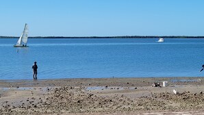 A beach with a sailboat and a person standing on the shore. - 3 bedroom, 2 bath,  pool home that sleeps 6, with screened back patio (Palm Harbor)