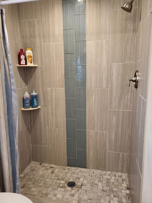 Combined shower/bathtub, hair dryer, towels, soap