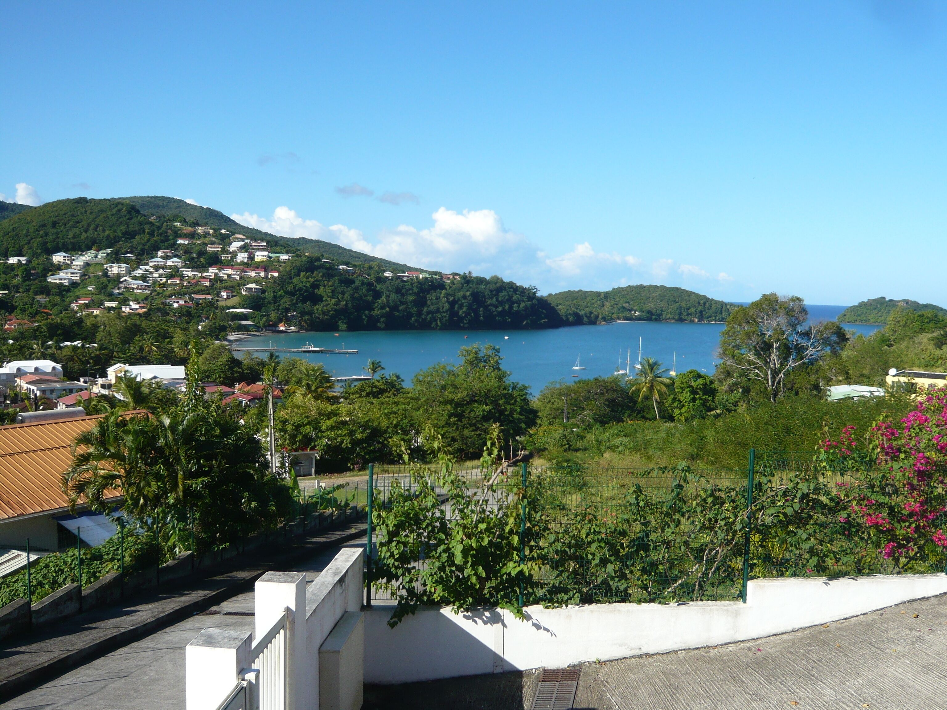 A coastal town with a view of the sea, houses, and greenery.
