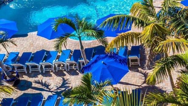 A pool area with blue lounge chairs and umbrellas, surrounded by palm trees. - Coconut Cove All-suite (Clearwater Beach)