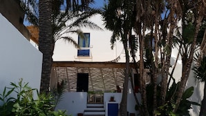 Un edificio blanco con ventana azul y puerta, rodeado de palmeras y plantas.