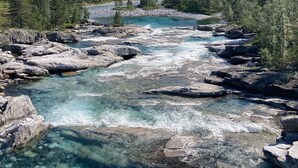 Un río serpentea por un valle boscoso con terreno rocoso y una montaña al fondo.
