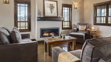 Smart TV, fireplace, books