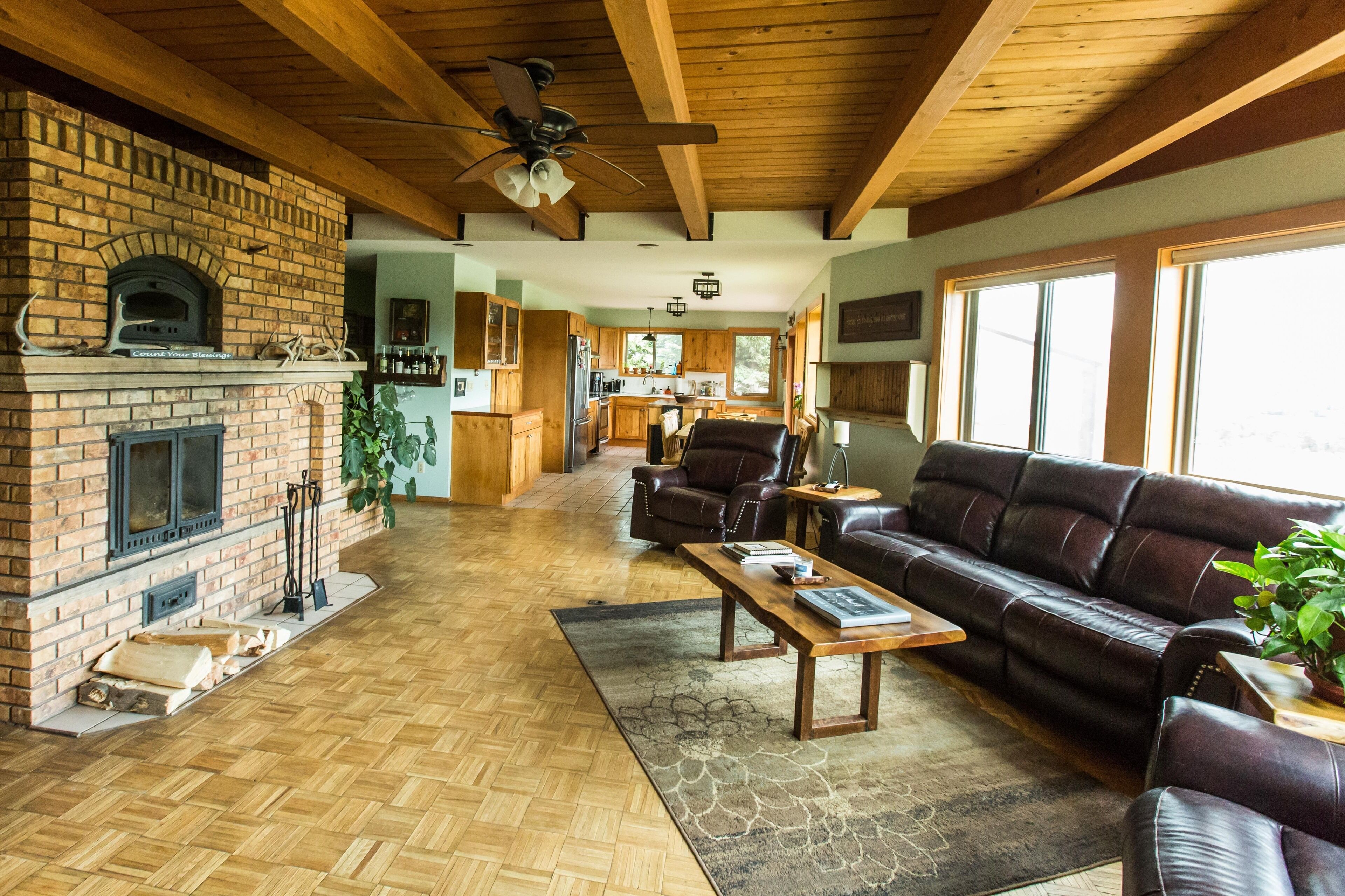 TV connectée, cheminée, lecteur de DVD, livres