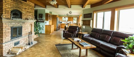 TV connectée, cheminée, lecteur de DVD, livres