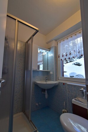 Een douche, een bidet, handdoeken