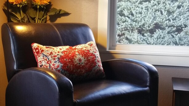 A dark leather armchair with a floral pillow, a floor lamp, and a view of a frosted tree through a window. - Charming and Convenient! No cleaning fee. Sleeps 6. (Anaconda)