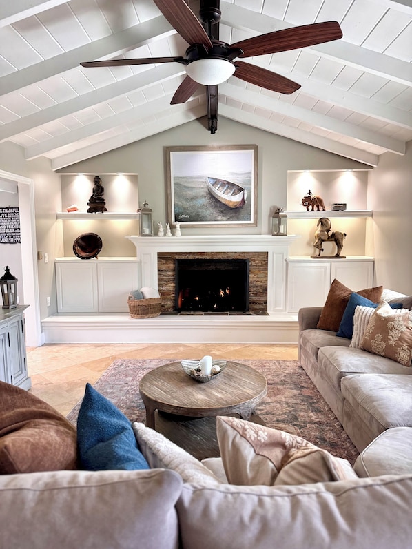 TV, fireplace, DVD player, video library