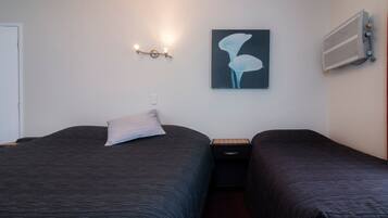 A room with two beds, a wall-mounted air conditioner, a wall-mounted light fixture, and a painting of flowers.