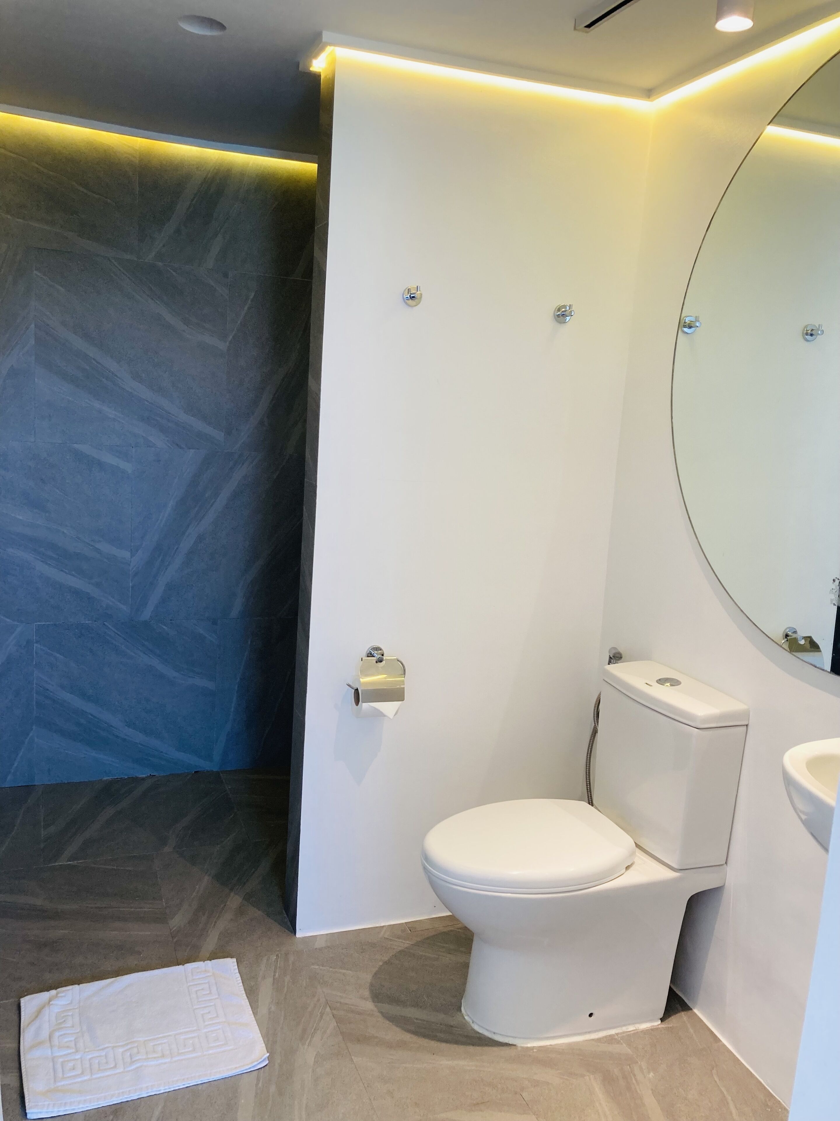 studio suite | bathroom | shower, rainfall showerhead, bidet, towels