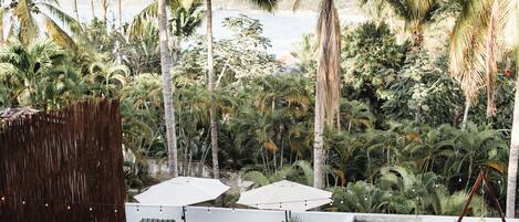 Una terraza en la azotea con dos sillones de relax, un jacuzzi pequeño y un cerramiento de bambú.