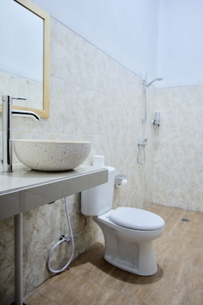 Douche, articles de toilette gratuits, serviettes fournies