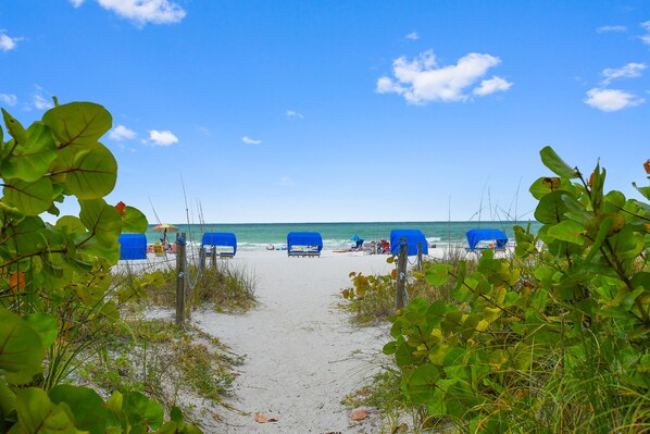 On the beach, sun loungers, beach towels