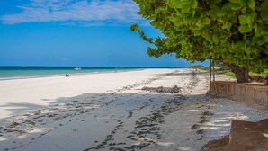 A beach with white sand, clear blue water, and green foliage. - Monkey Beach House, Beachfront, Ocean Views,  Shared Pool, Staff Provided (Diani Beach)