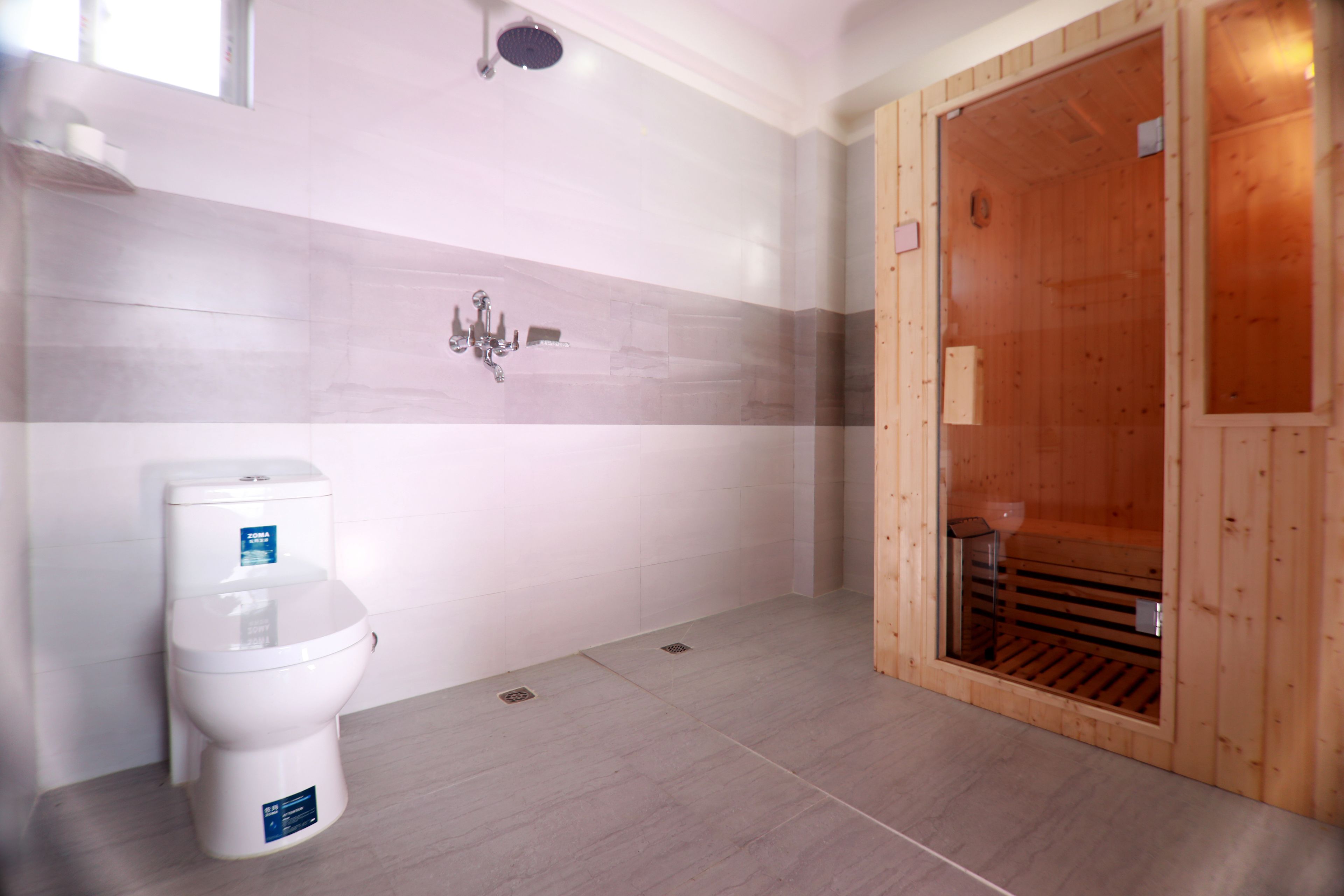 A bathroom with a white toilet, a shower, and a wooden sauna.