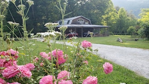 Et hyggeligt hus med veranda, omgivet af frodig vegetation og lyserøde blomster.
