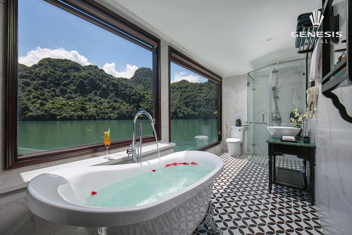 Combined shower/bathtub, free toiletries, hair dryer, bathrobes