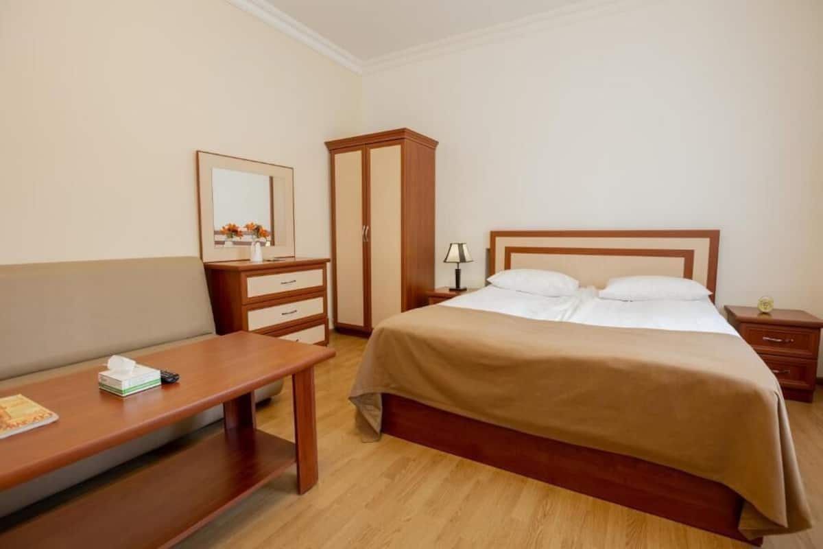 A hotel room with a bed, bedside table, nightstand, wardrobe, and a mirror.