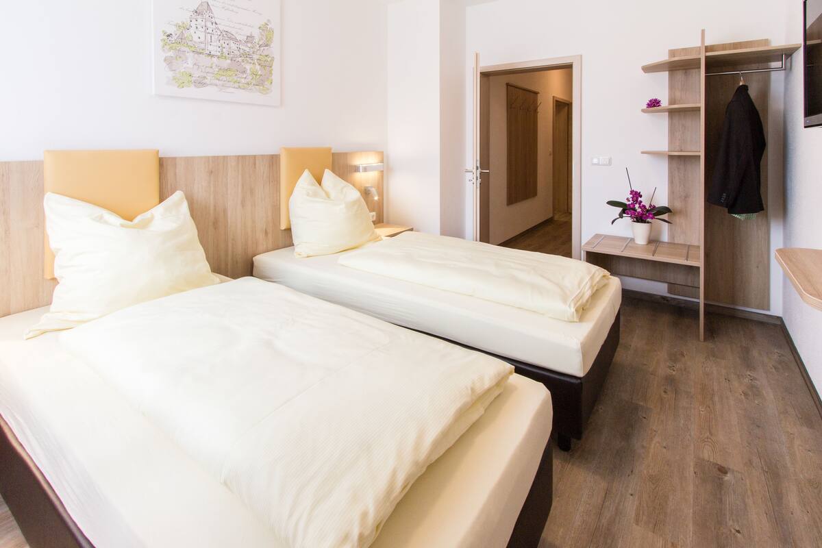 A hotel room with two beds, a wooden headboard, a nightstand, a wall-mounted lamp, a coat rack, and a small potted plant.
