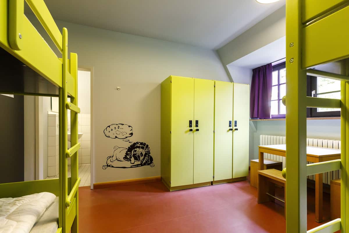 A dormitory room with bunk beds, a wardrobe, a wall mural, and a window with curtains.