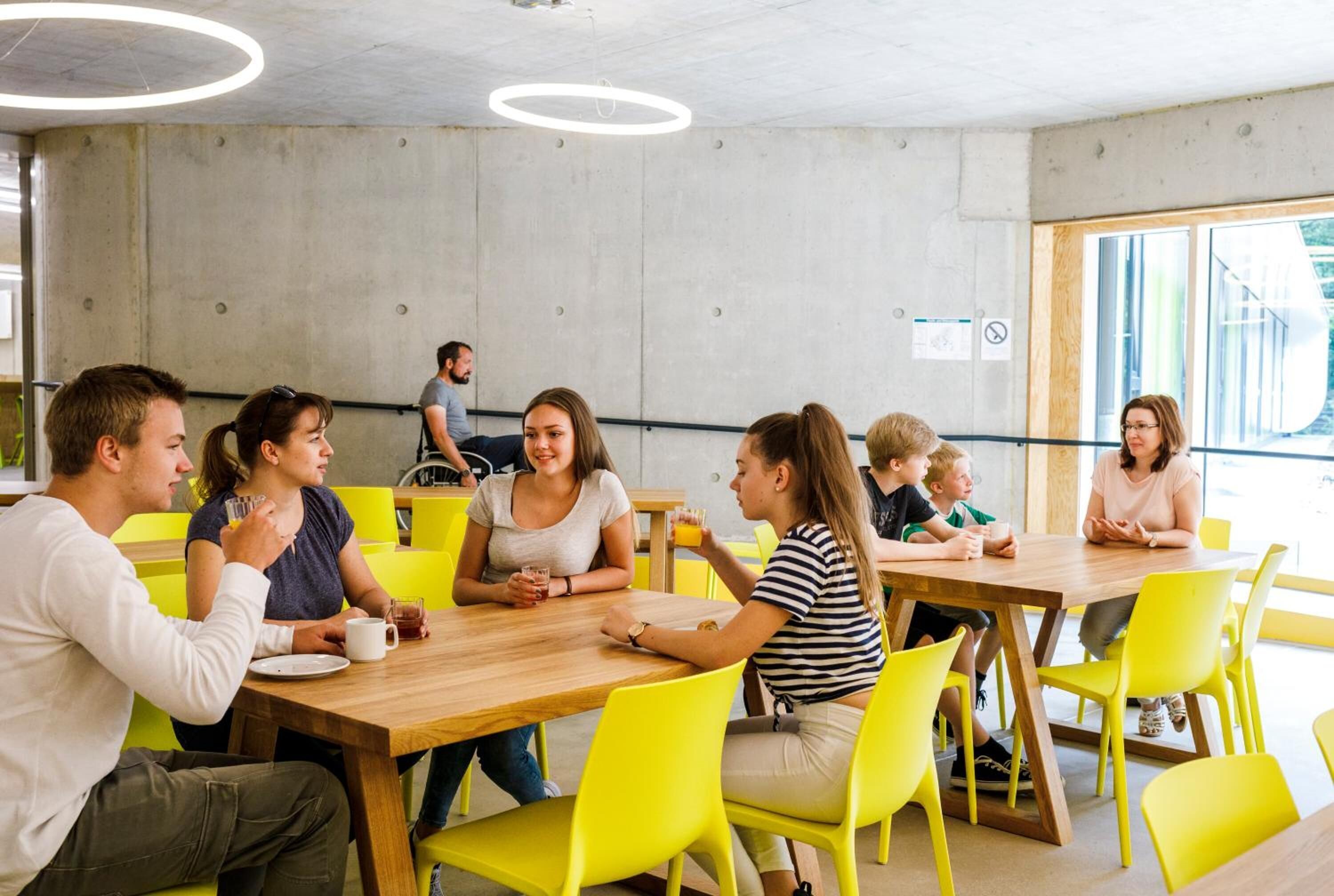 A modern cafe with wooden tables and yellow chairs, concrete walls, and large windows.