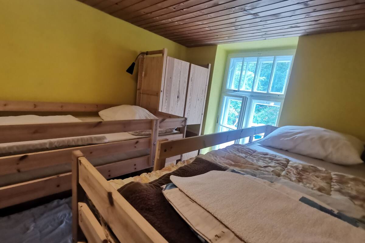 A room with two wooden bunk beds, a window with a view of greenery, and a wooden ceiling.