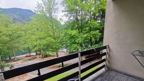 A balcony with a view of a park and a lake.