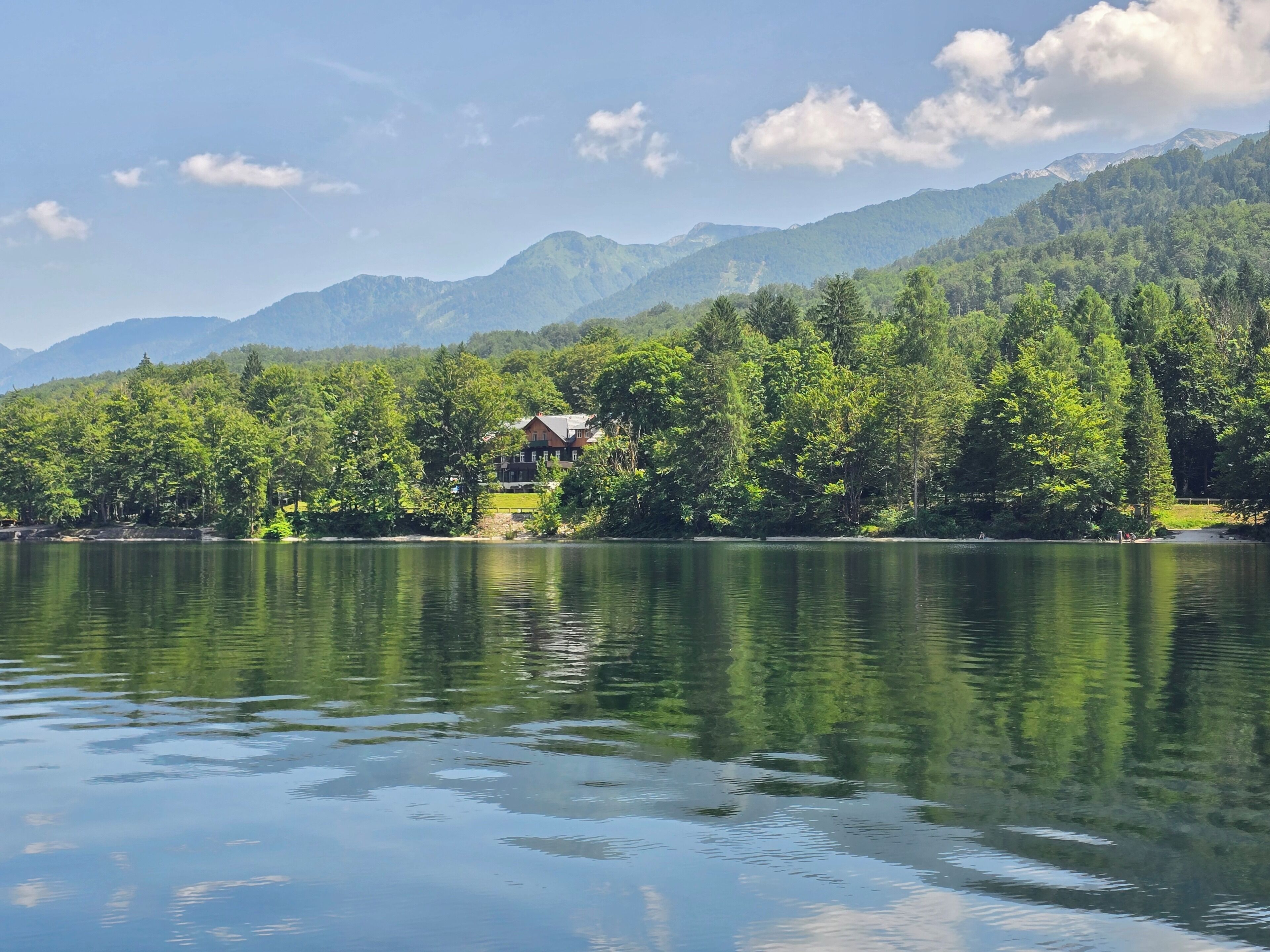 A lakeside property with a house surrounded by dense forest and mountains in the background.