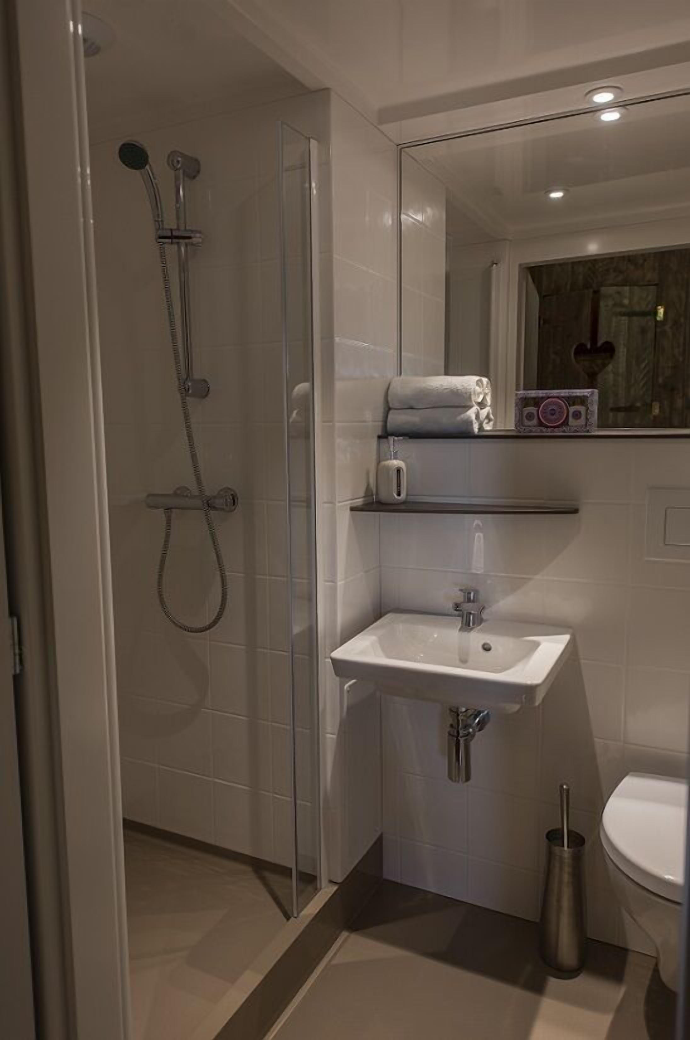 A modern bathroom with a glass-enclosed shower, a white sink, and a toilet.