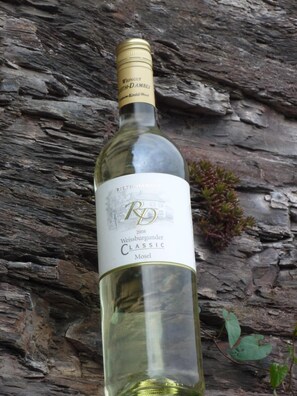 A bottle of Weissburgunder Classic Mosel wine from 2008, placed against a rocky background. - Weingut Rieth - Gästehaus Vinaria (Kinheim)
